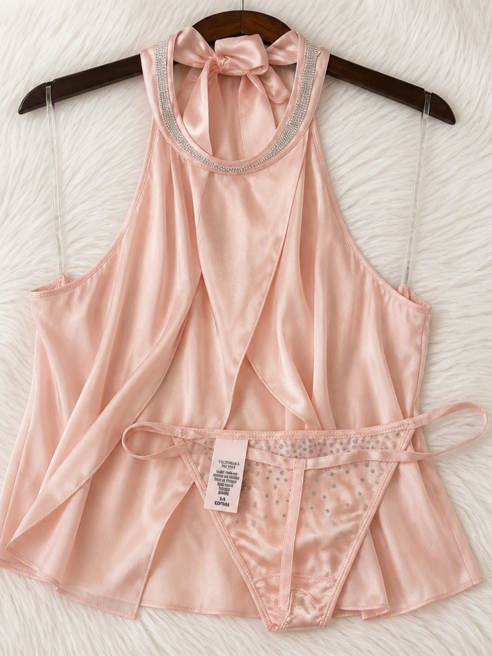 BNWT Victoria’s Secret Satin Rhinestone Halter Camisole + Rhinestone Thong Pink